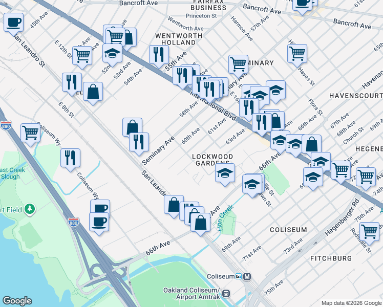 map of restaurants, bars, coffee shops, grocery stores, and more near 1256 61st Avenue in Oakland