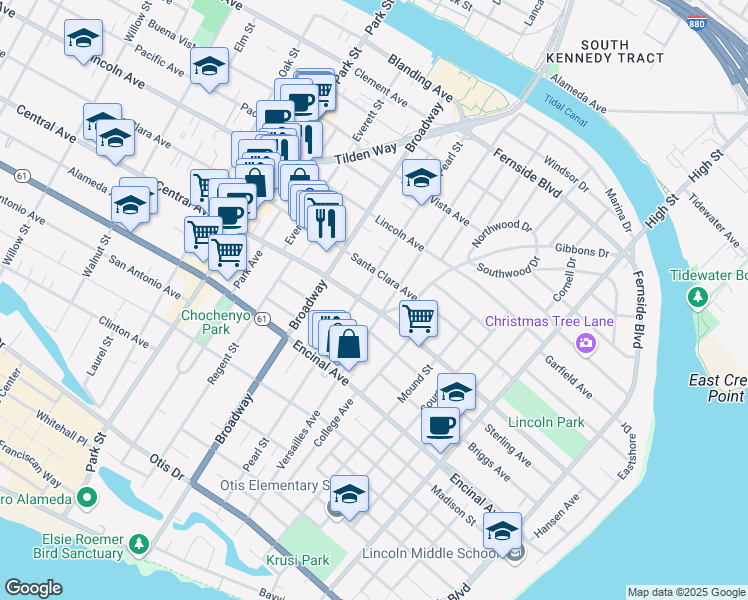 map of restaurants, bars, coffee shops, grocery stores, and more near 2710 Santa Clara Avenue in Alameda