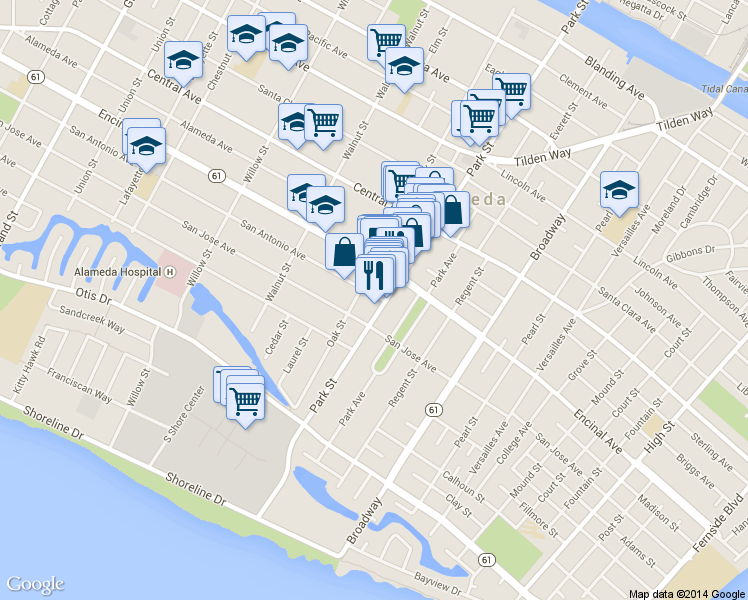 map of restaurants, bars, coffee shops, grocery stores, and more near 1110 Oak Street in Alameda