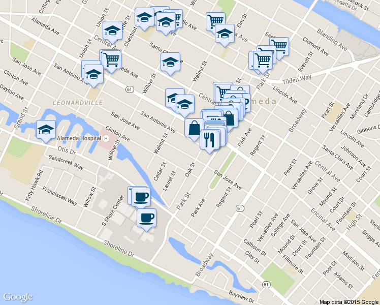 map of restaurants, bars, coffee shops, grocery stores, and more near 2250 San Antonio Avenue in Alameda