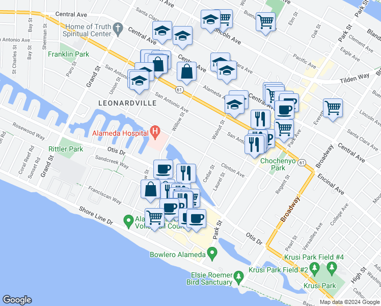 map of restaurants, bars, coffee shops, grocery stores, and more near 2133a Clinton Avenue in Alameda