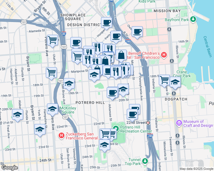 map of restaurants, bars, coffee shops, grocery stores, and more near in San Francisco