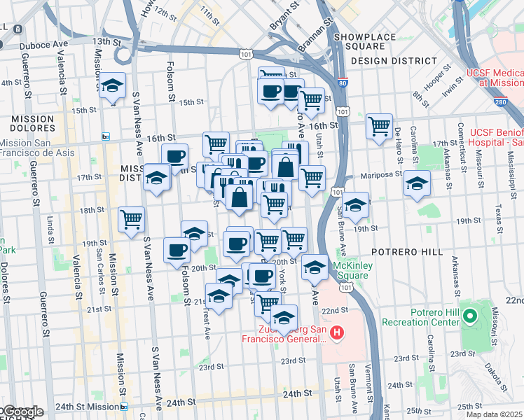 map of restaurants, bars, coffee shops, grocery stores, and more near 1940 Bryant Street in San Francisco