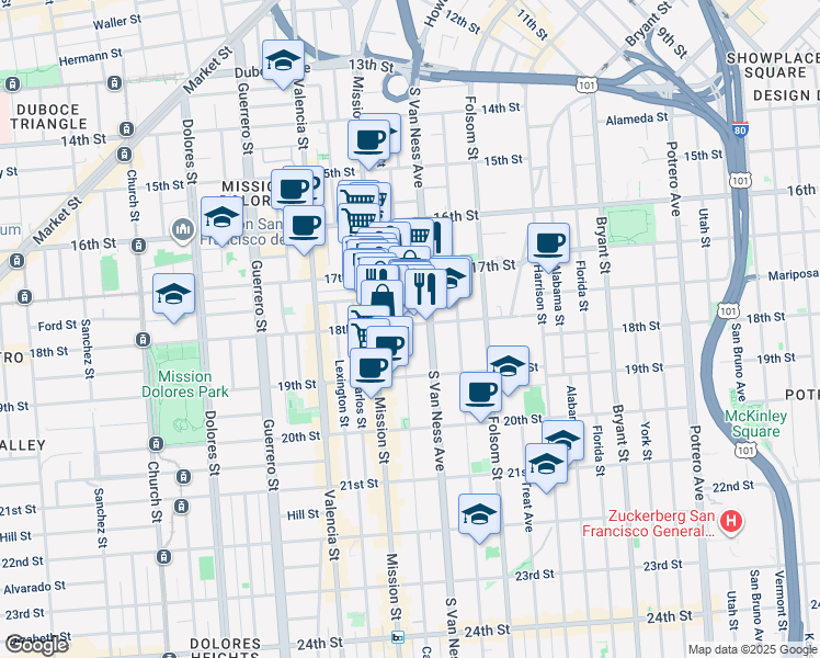 map of restaurants, bars, coffee shops, grocery stores, and more near 255 Capp Street in San Francisco