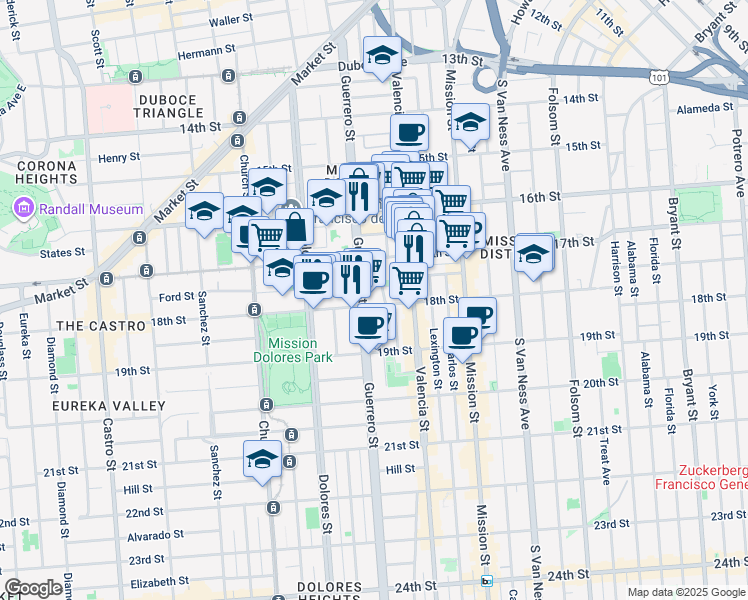 map of restaurants, bars, coffee shops, grocery stores, and more near 10 Dorland Street in San Francisco