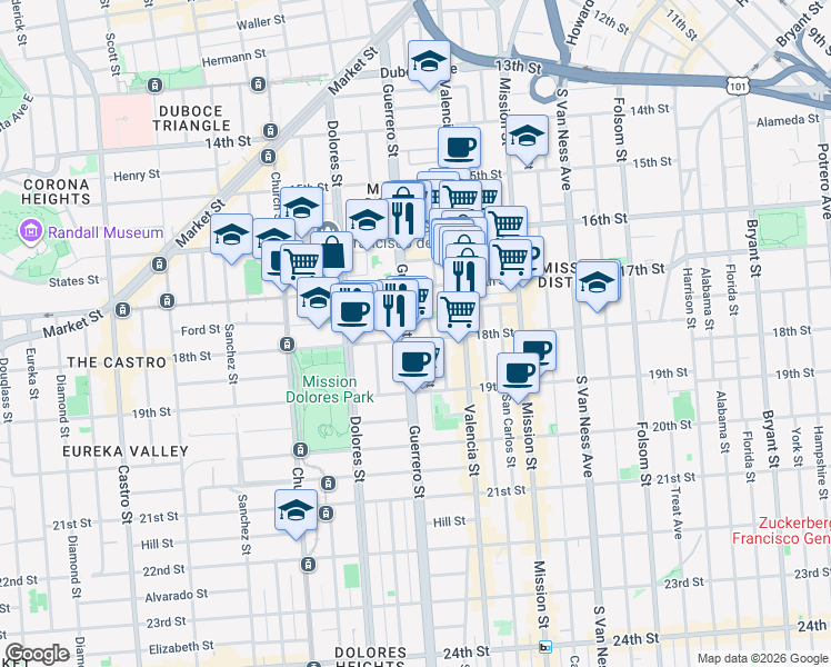 map of restaurants, bars, coffee shops, grocery stores, and more near 544 Guerrero Street in San Francisco