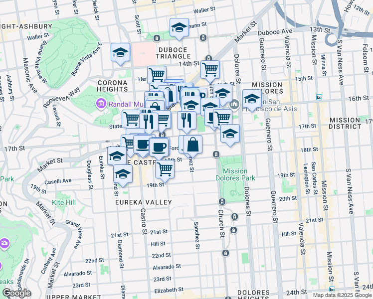 map of restaurants, bars, coffee shops, grocery stores, and more near 3835a 17th Street in San Francisco