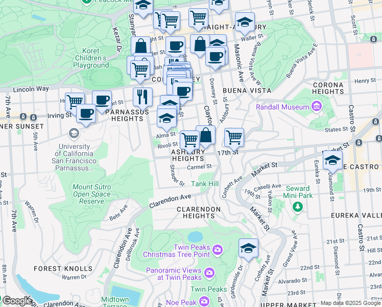 map of restaurants, bars, coffee shops, grocery stores, and more near 101 Rivoli Street in San Francisco