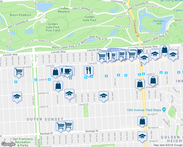 map of restaurants, bars, coffee shops, grocery stores, and more near 1332 27th Avenue in San Francisco