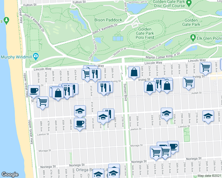 map of restaurants, bars, coffee shops, grocery stores, and more near 3701 Irving Street in San Francisco