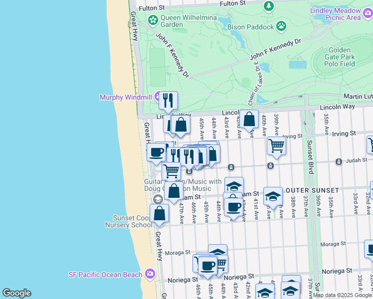 map of restaurants, bars, coffee shops, grocery stores, and more near 4508 Irving Street in San Francisco