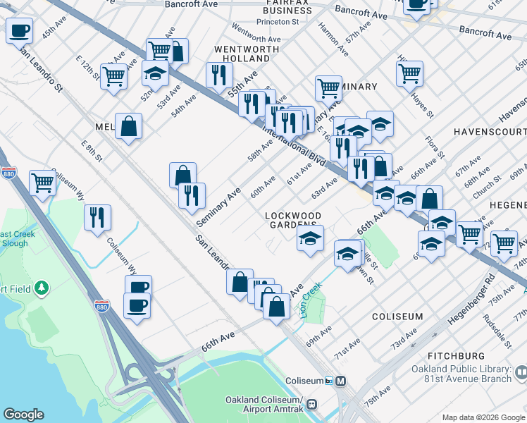 map of restaurants, bars, coffee shops, grocery stores, and more near 1256 61st Avenue in Oakland
