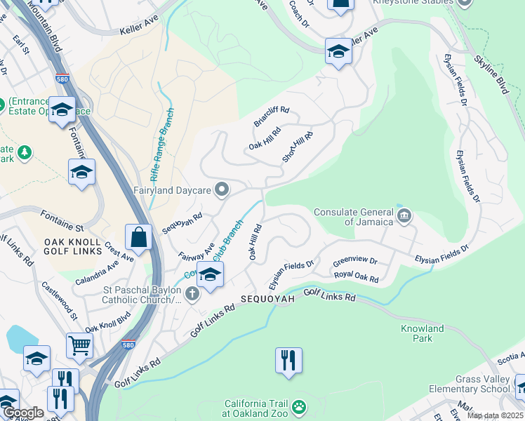map of restaurants, bars, coffee shops, grocery stores, and more near 4145 Oak Hill Road in Oakland