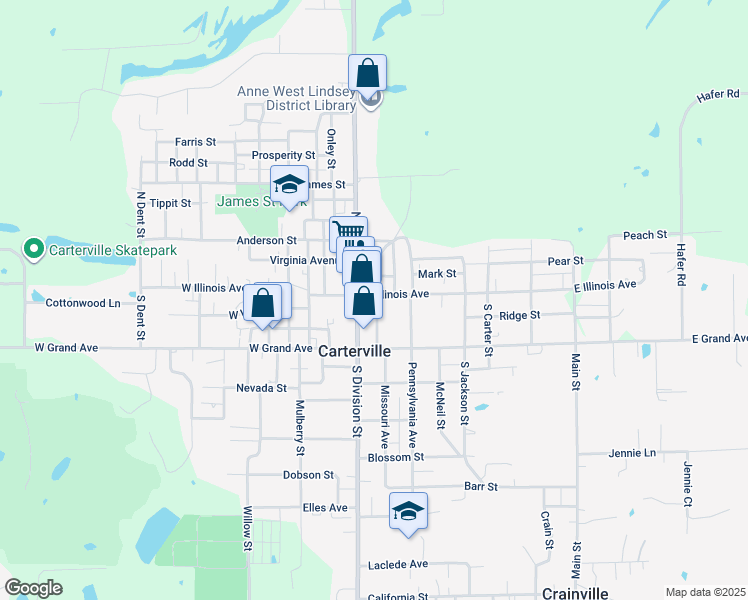 map of restaurants, bars, coffee shops, grocery stores, and more near 115 East Illinois Avenue in Carterville