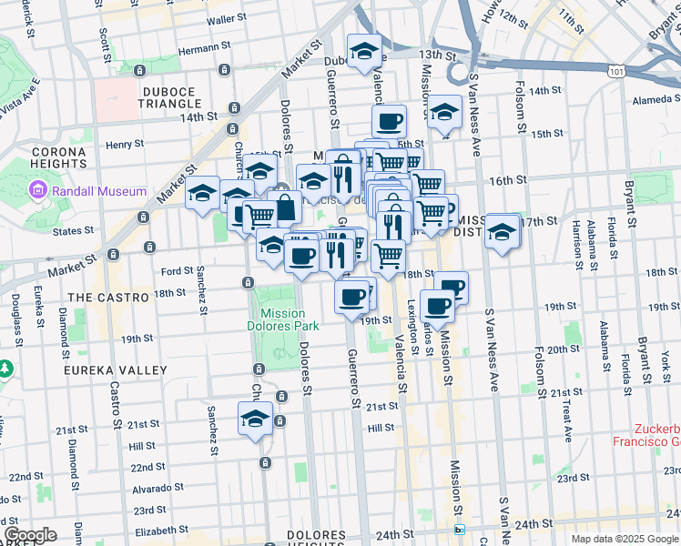 map of restaurants, bars, coffee shops, grocery stores, and more near 10 Dorland Street in San Francisco
