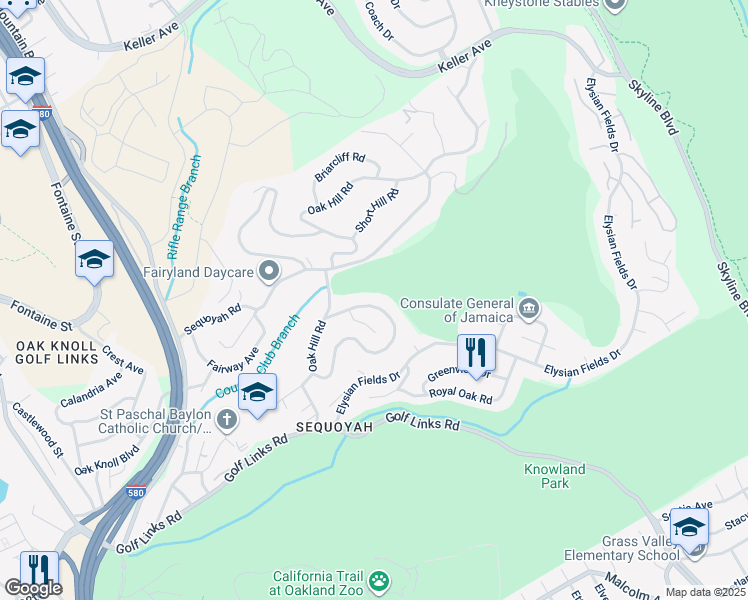 map of restaurants, bars, coffee shops, grocery stores, and more near 85 Sequoyah View Drive in Oakland