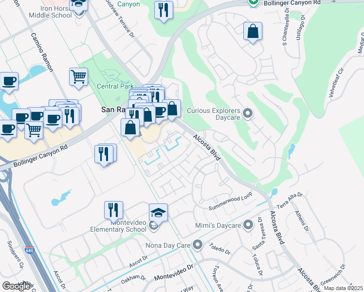 map of restaurants, bars, coffee shops, grocery stores, and more near 225 Reflections Drive in San Ramon