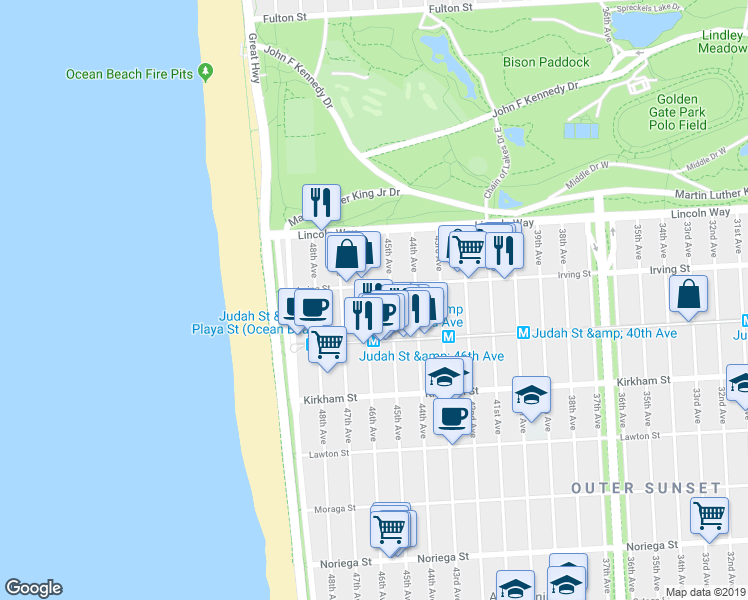 map of restaurants, bars, coffee shops, grocery stores, and more near 1322 46th Avenue in San Francisco