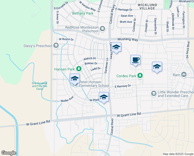 map of restaurants, bars, coffee shops, grocery stores, and more near Hayward Lane in Tracy
