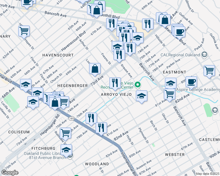 map of restaurants, bars, coffee shops, grocery stores, and more near 7448 Lockwood Street in Oakland