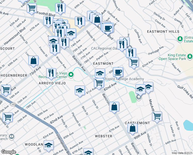 map of restaurants, bars, coffee shops, grocery stores, and more near 2221 80th Avenue in Oakland