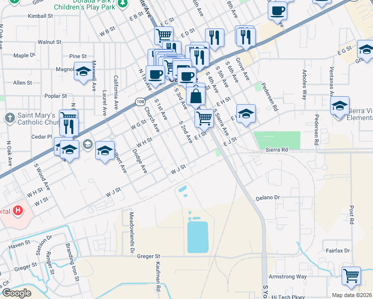 map of restaurants, bars, coffee shops, grocery stores, and more near 415 South 1st Avenue in Oakdale
