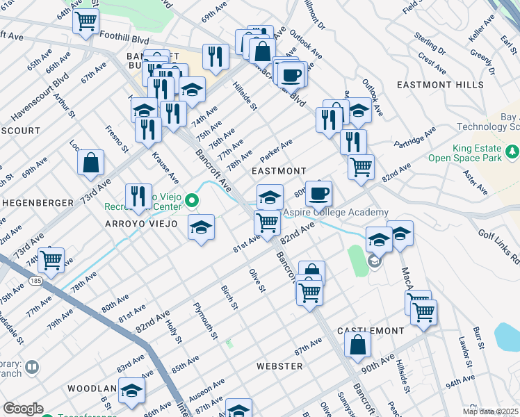 map of restaurants, bars, coffee shops, grocery stores, and more near 2221 80th Avenue in Oakland