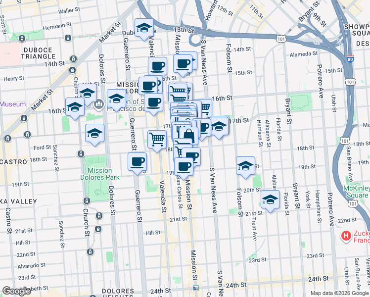 map of restaurants, bars, coffee shops, grocery stores, and more near Mission St & 18th St in San Francisco