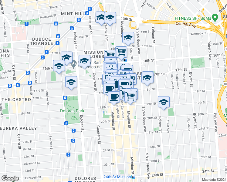 map of restaurants, bars, coffee shops, grocery stores, and more near 3490-3498 18th Street in San Francisco