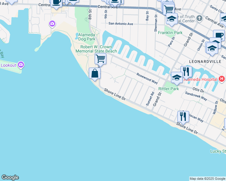 map of restaurants, bars, coffee shops, grocery stores, and more near 1001 Shore Line Drive in Alameda