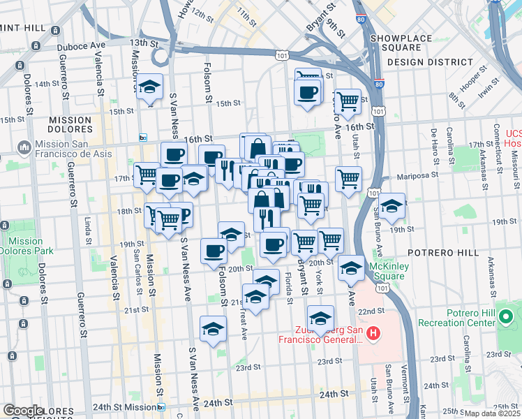 map of restaurants, bars, coffee shops, grocery stores, and more near 590 Alabama Street in San Francisco