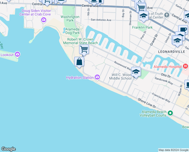 map of restaurants, bars, coffee shops, grocery stores, and more near 1001 Shore Line Drive in Alameda