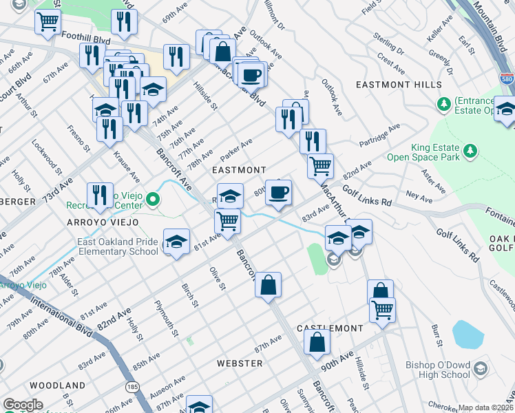 map of restaurants, bars, coffee shops, grocery stores, and more near 2342 80th Avenue in Oakland