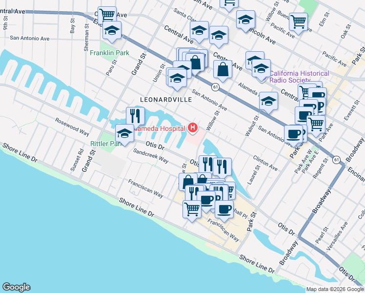 map of restaurants, bars, coffee shops, grocery stores, and more near 2070 Clinton Avenue in Alameda