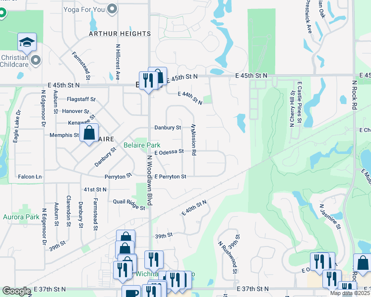 map of restaurants, bars, coffee shops, grocery stores, and more near 6610 Odessa in Bel Aire