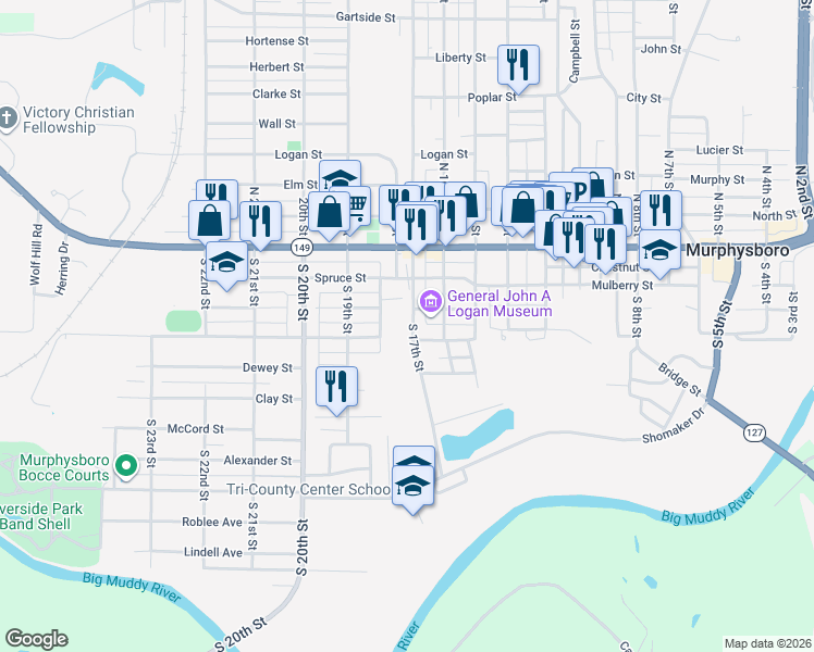 map of restaurants, bars, coffee shops, grocery stores, and more near 1600-1618 Edith Street in Murphysboro