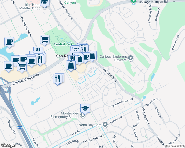 map of restaurants, bars, coffee shops, grocery stores, and more near 120 Reflections Drive in San Ramon