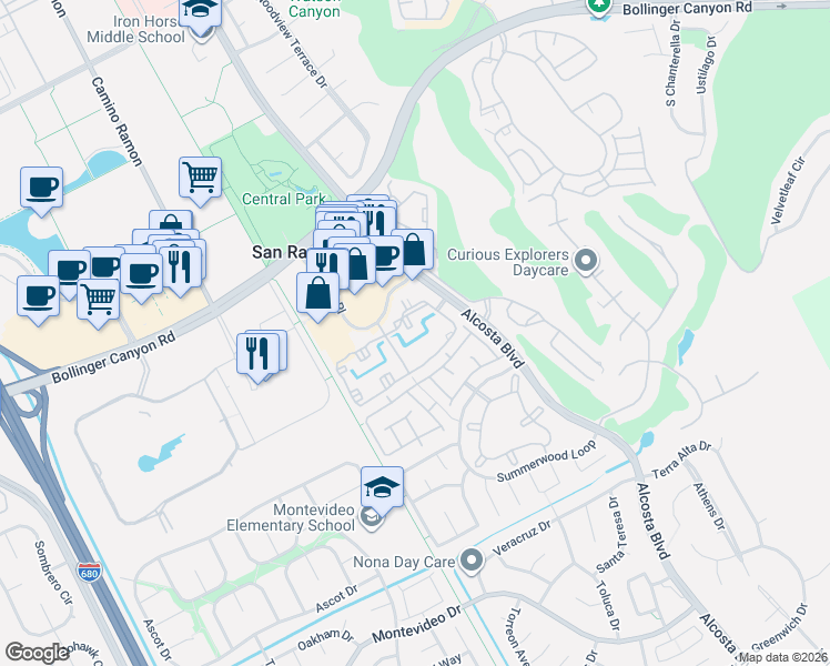 map of restaurants, bars, coffee shops, grocery stores, and more near 115 Reflections Drive in San Ramon