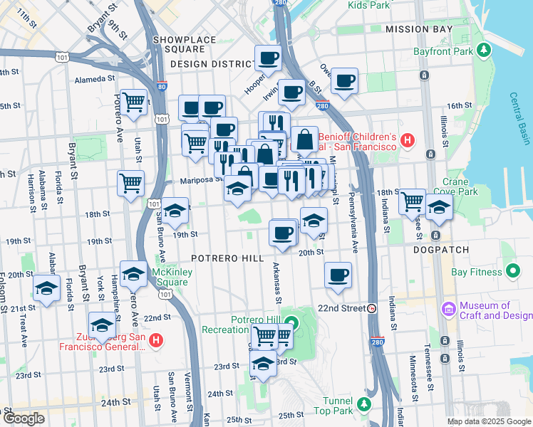 map of restaurants, bars, coffee shops, grocery stores, and more near 336 Arkansas Street in San Francisco