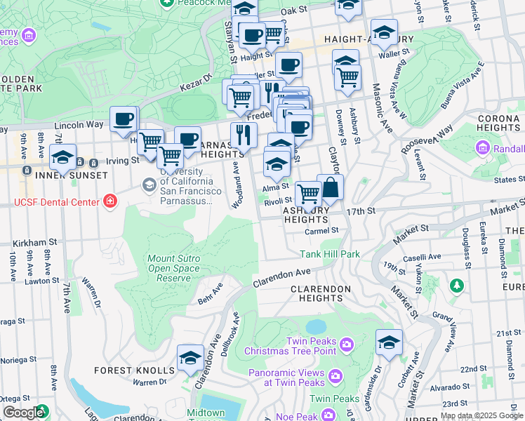 map of restaurants, bars, coffee shops, grocery stores, and more near 1208 Stanyan Street in San Francisco
