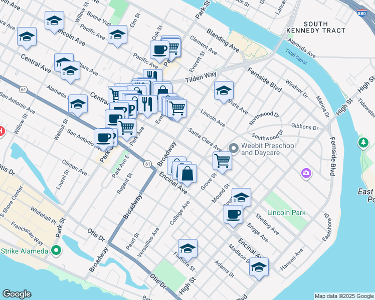 map of restaurants, bars, coffee shops, grocery stores, and more near 2617 Central Avenue in Alameda