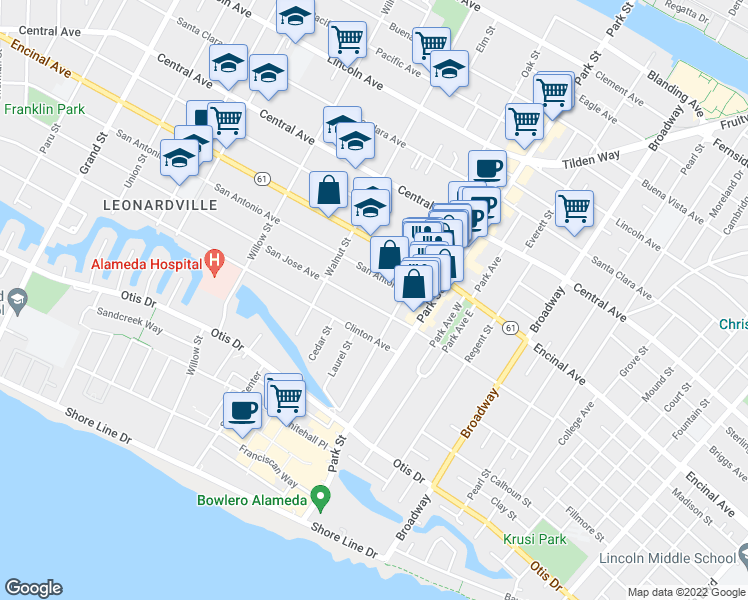 map of restaurants, bars, coffee shops, grocery stores, and more near 2250 San Antonio Avenue in Alameda