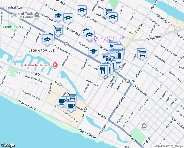 map of restaurants, bars, coffee shops, grocery stores, and more near 2250 San Antonio Avenue in Alameda