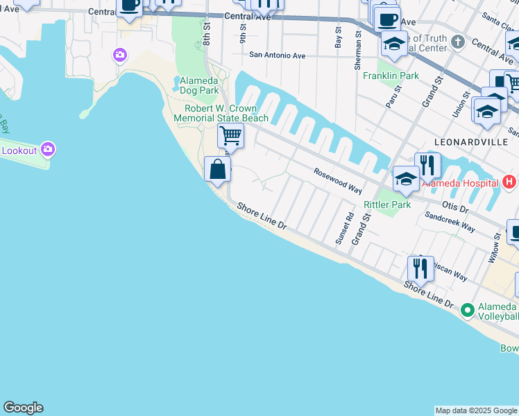 map of restaurants, bars, coffee shops, grocery stores, and more near 960 Shorepoint Court in Alameda