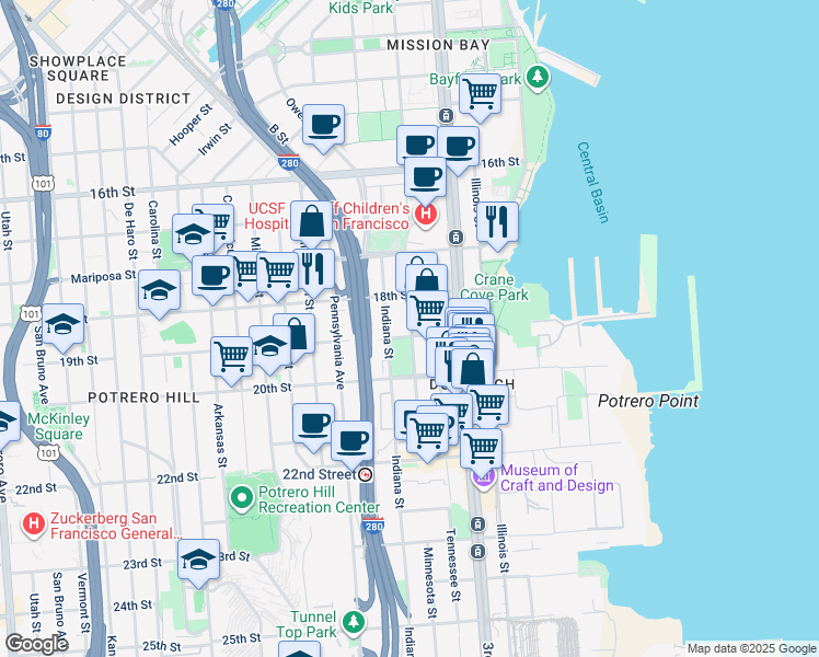 map of restaurants, bars, coffee shops, grocery stores, and more near 602 Minnesota Street in San Francisco