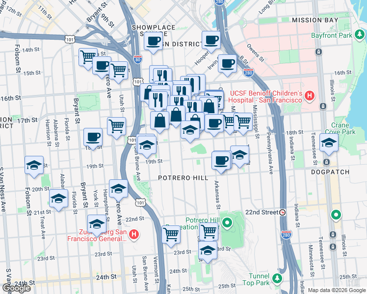 map of restaurants, bars, coffee shops, grocery stores, and more near 596 De Haro Street in San Francisco