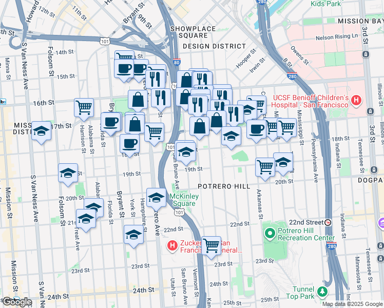 map of restaurants, bars, coffee shops, grocery stores, and more near 574 Vermont Street in San Francisco