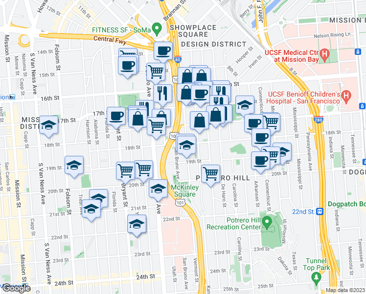 map of restaurants, bars, coffee shops, grocery stores, and more near 574 Vermont Street in San Francisco