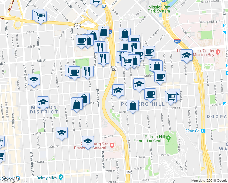 map of restaurants, bars, coffee shops, grocery stores, and more near 574 Vermont Street in San Francisco