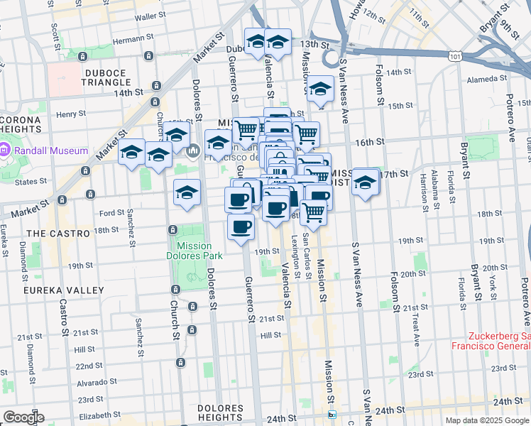 map of restaurants, bars, coffee shops, grocery stores, and more near 16 Bird Street in San Francisco
